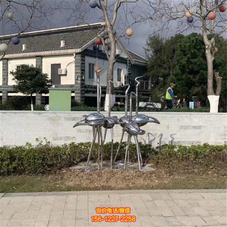 不銹鋼拋光鏡面抽象火烈鳥景區公園草坪擺件
