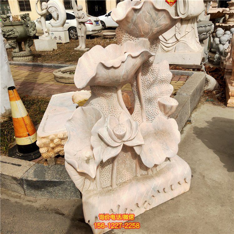 晚霞紅大理石水景蓮花、荷花、荷葉景觀擺件