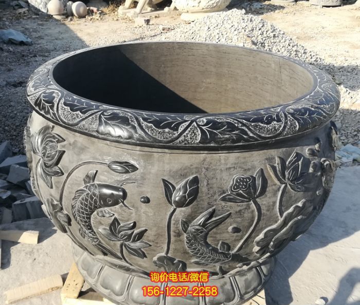 公園青石仿古連年有余青石浮雕荷花水缸雕塑 公園青石仿古連年有余青石浮雕荷花水缸雕塑